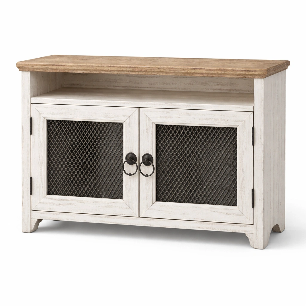 Mueble bajo rustico blanco con puertas y detalles en metal-cozanoe